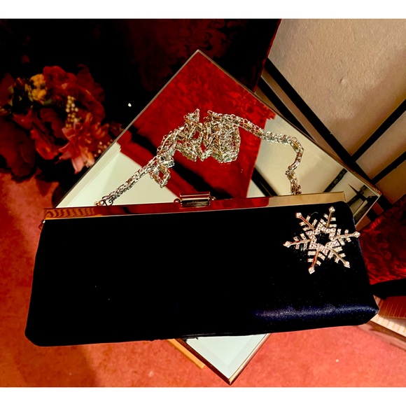 Jessica McClintock Handbags - Navy satin evening purse with Rhinestone snowflake.